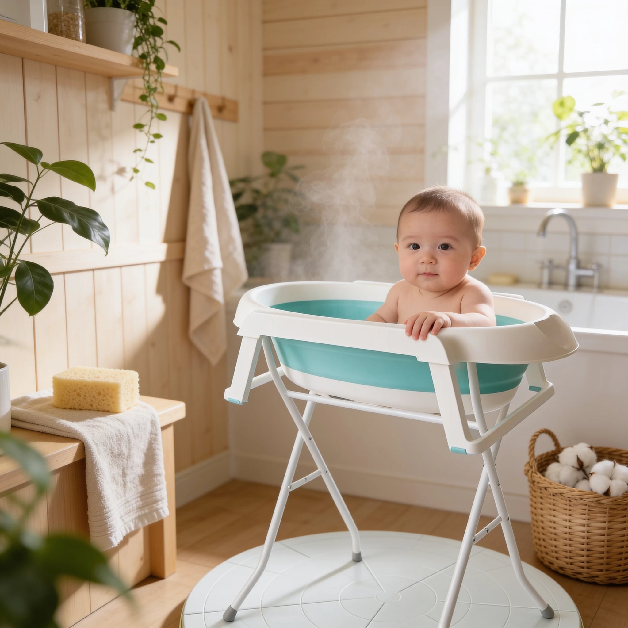 Baignoire bébé sur pied évolutive en situation dans la salle de bain, ambiance cosy