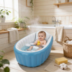 Baignoire bébé gonflable portable avec pompe en situation dans la salle de bain, ambiance cosy