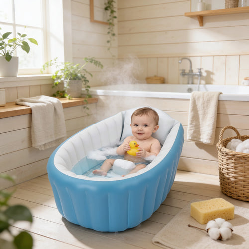 Baignoire bébé gonflable portable avec pompe en situation dans la salle de bain, ambiance cosy