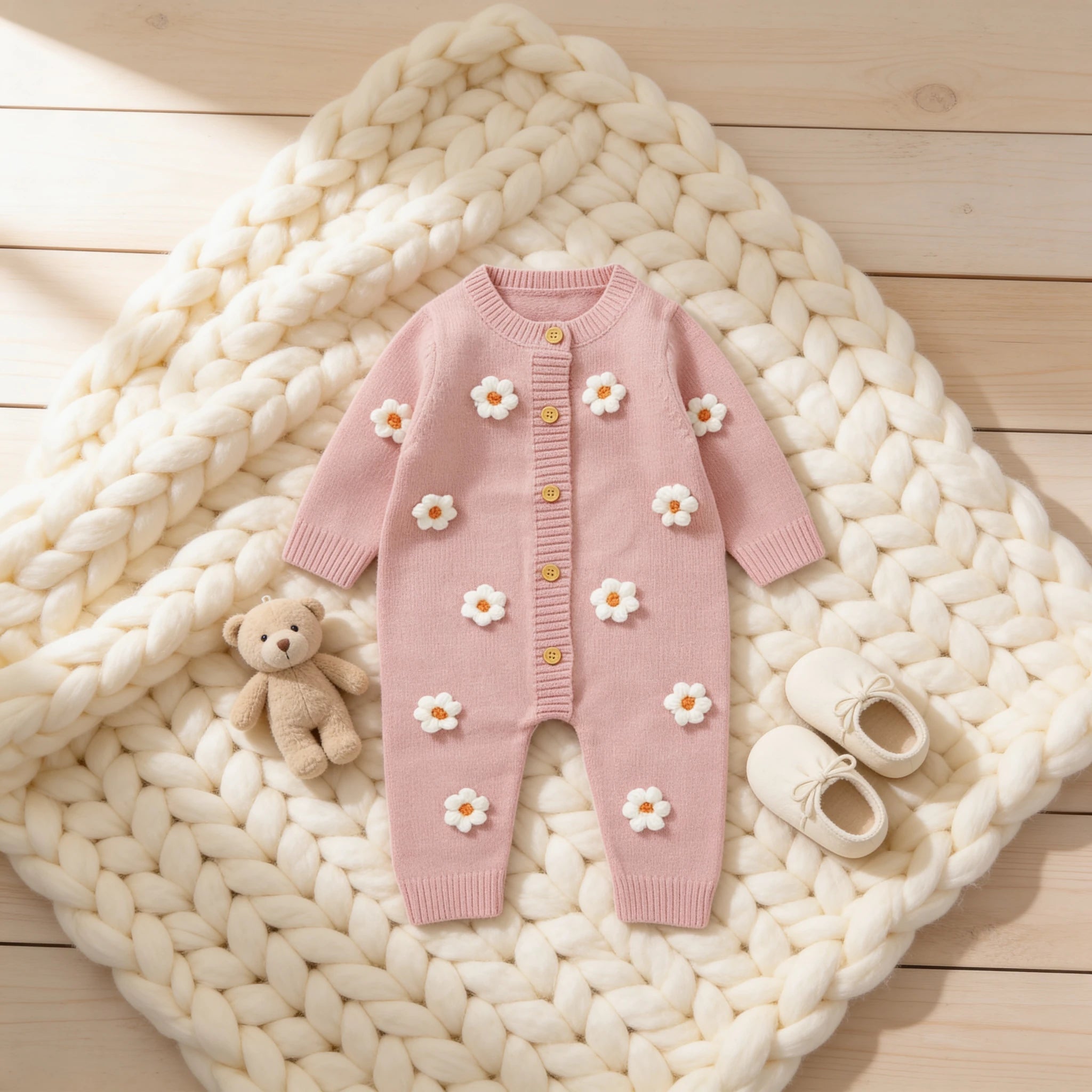 Combinaison Bebe Laine Fleurie - Rose - Cocon