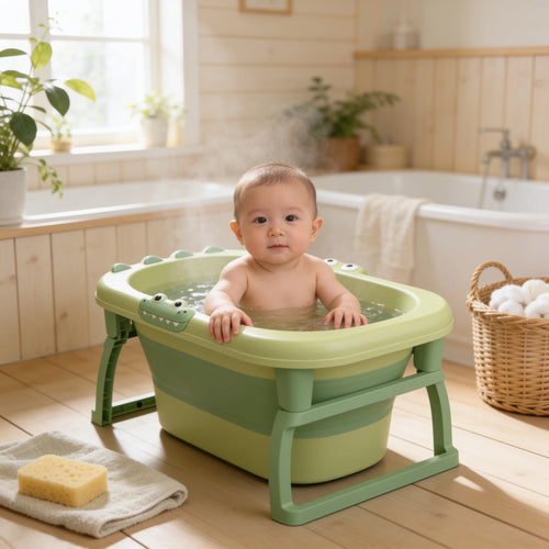 Baignoire bébé pliable 2 en 1 Évolution en situation dans la salle de bain, ambiance cosy