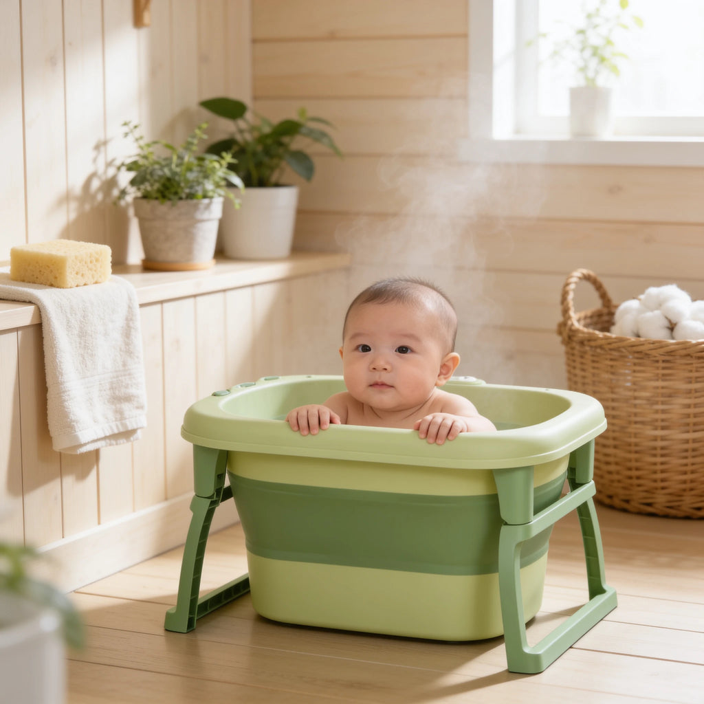 Baignoire bébé pliable 2 en 1 Évolution en situation dans la salle de bain, ambiance cosy