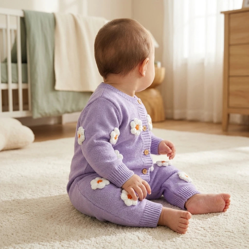 Combinaison Bebe Laine Fleurie - Violet - Porté