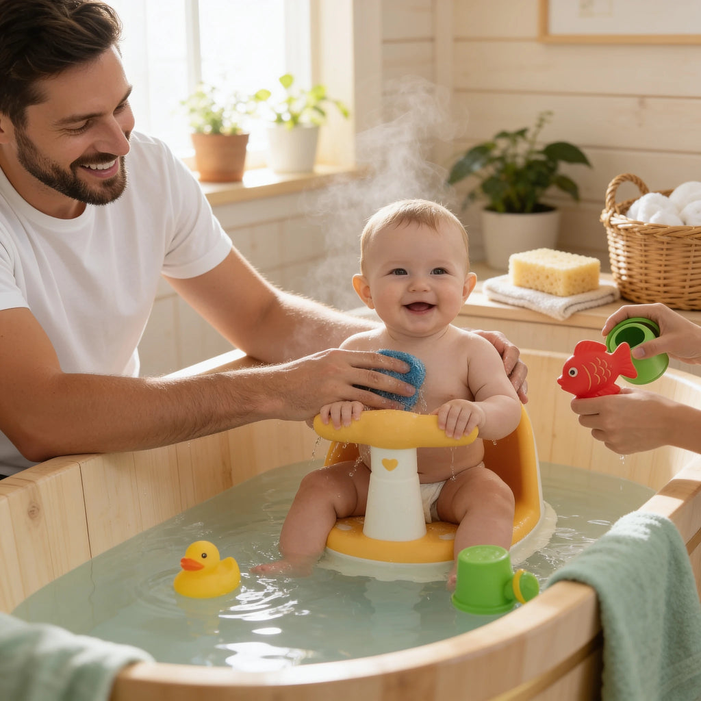 Transat de bain bébé sécurisé maintien stable en situation dans la salle de bain, ambiance cosy