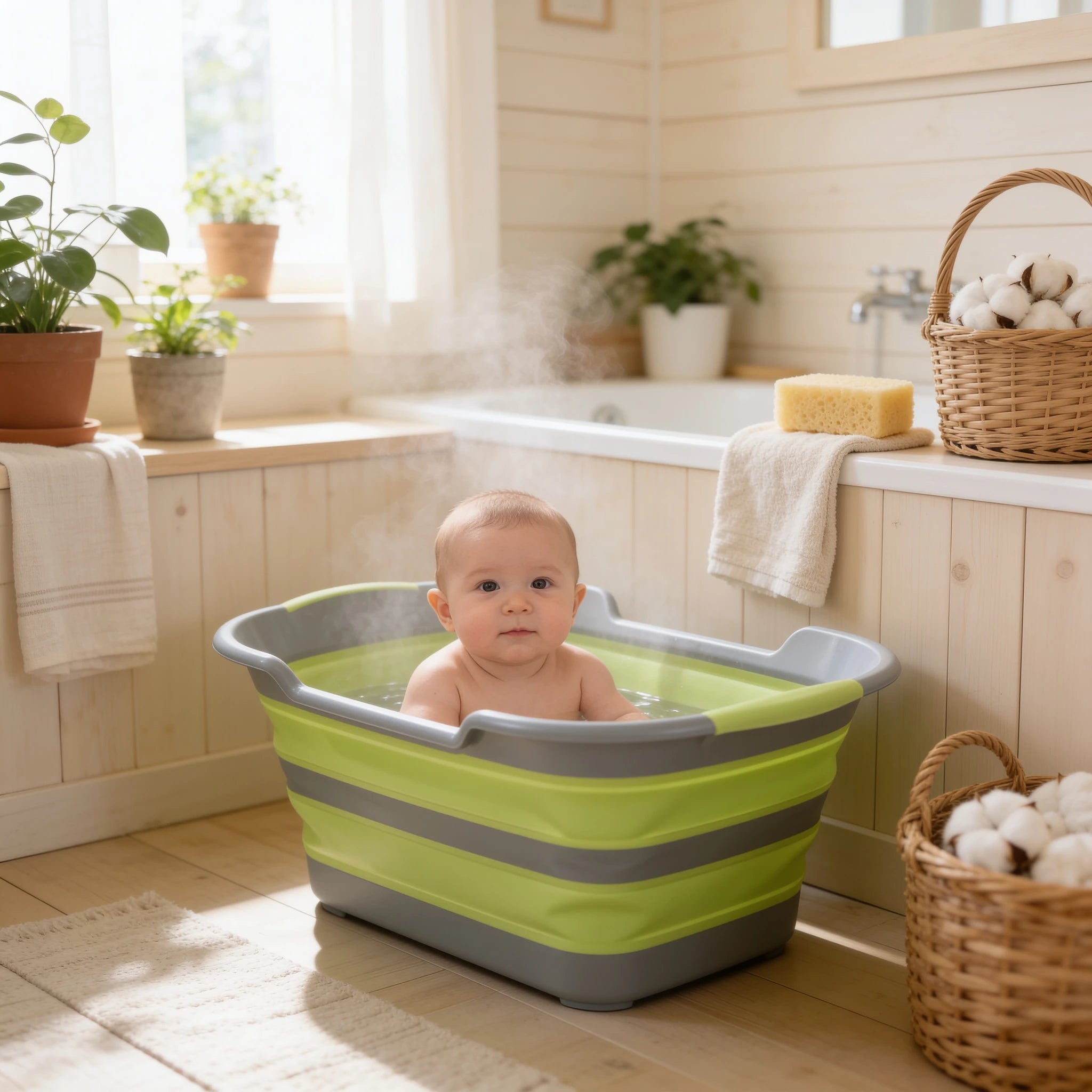 Baignoire bébé pliable accordéon Bulle en situation dans la salle de bain, ambiance cosy