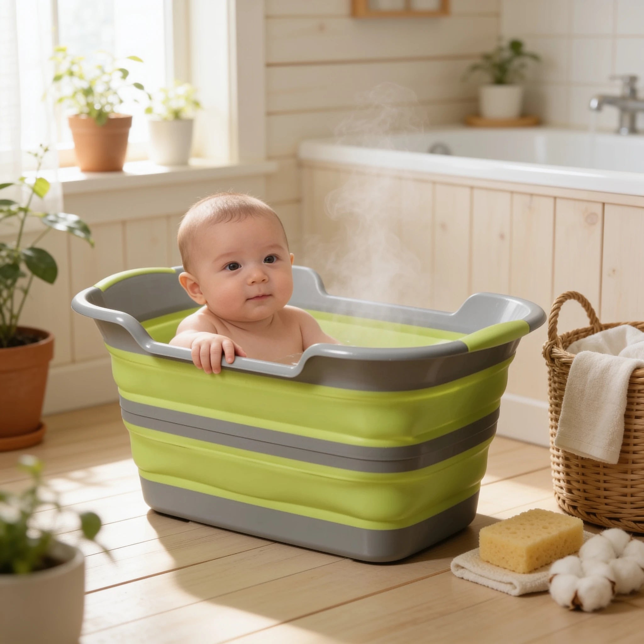 Baignoire bébé pliable accordéon Bulle en situation dans la salle de bain, ambiance cosy