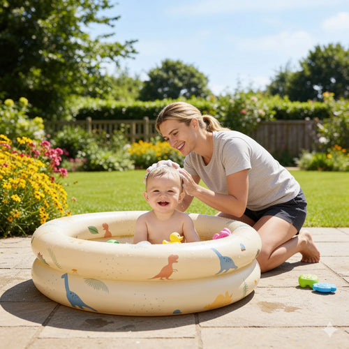 Baignoire bébé gonflable de voyage en situation dans la salle de bain, ambiance cosy