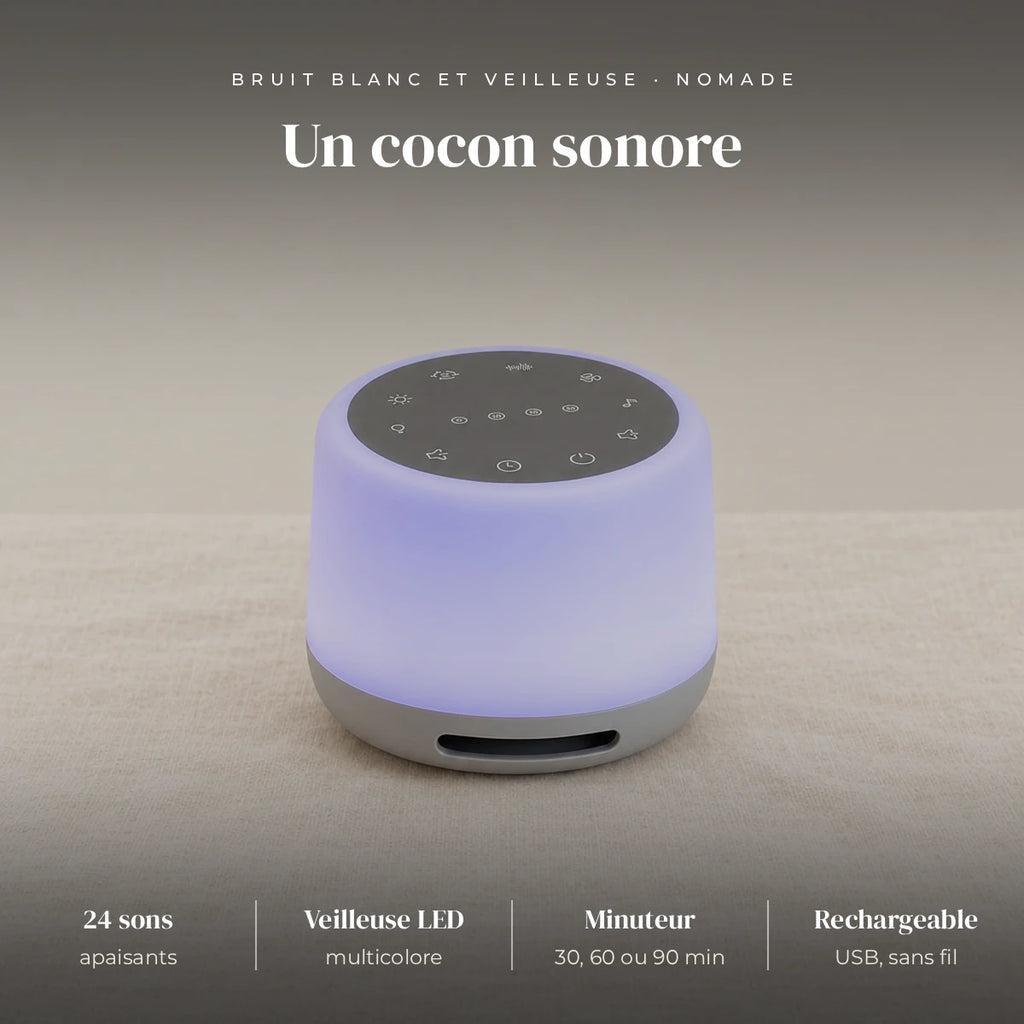 Veilleuse bruit blanc bébé nomade : 24 sons (bruit blanc, nature, battements de cœur), LED RGB tactile, intensité variable, 30, 60 ou 90 minutes