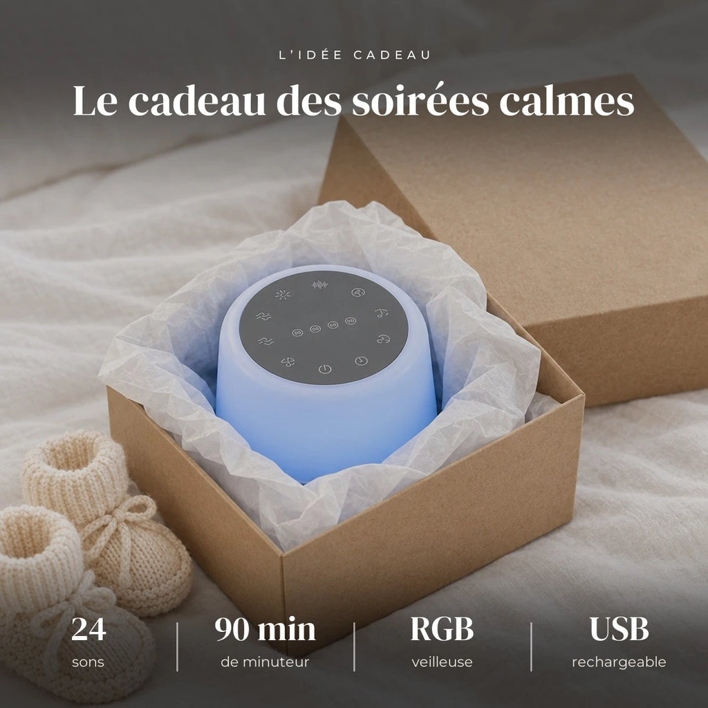 Veilleuse bruit blanc bébé nomade dans sa boîte cadeau, idée cadeau de naissance