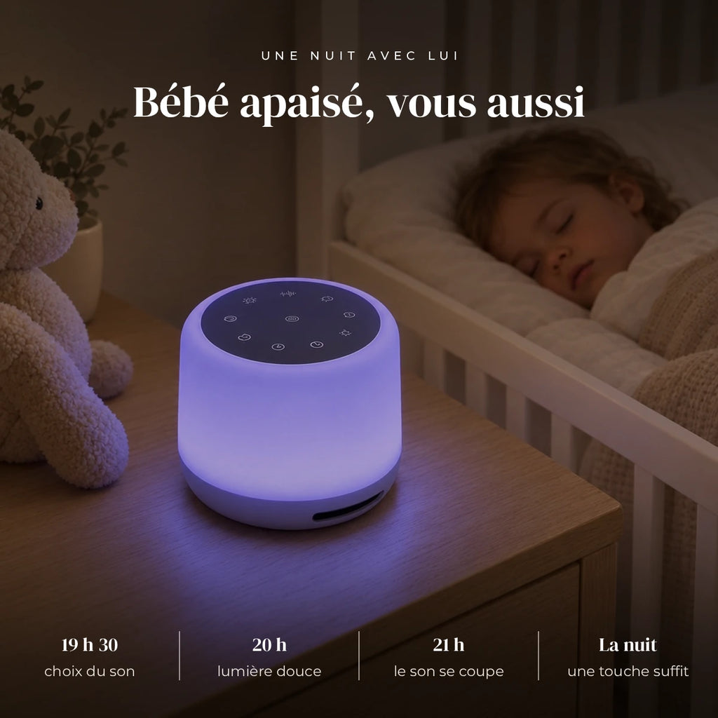 Veilleuse bruit blanc bébé nomade qui éclaire doucement la chambre pendant que l’enfant dort