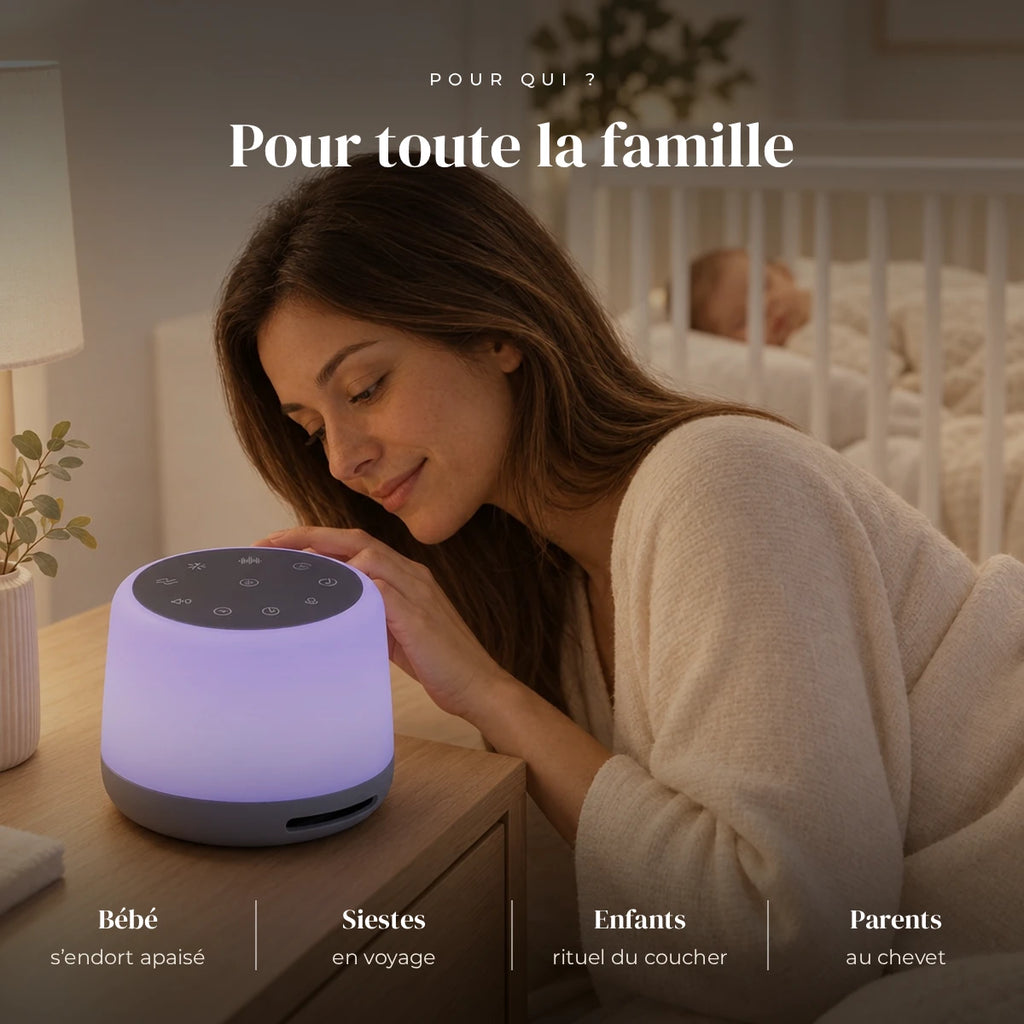 Veilleuse bruit blanc bébé nomade utilisée la nuit dans la chambre de bébé