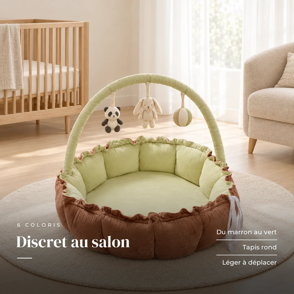 Arche d'éveil avec tapis 2 en 1 dans une chambre de bébé claire