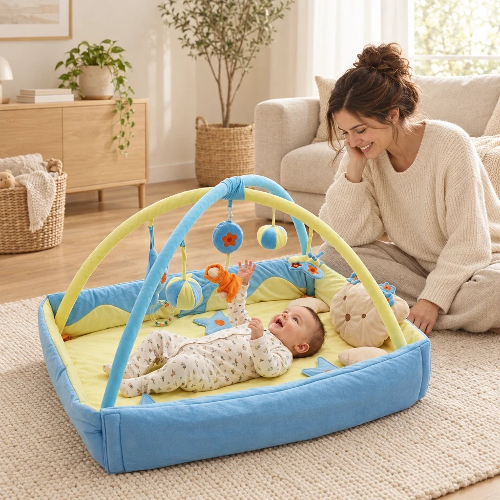 Maman assise à côté de son bébé qui joue sous l'arche avec tapis rectangulaire bleu