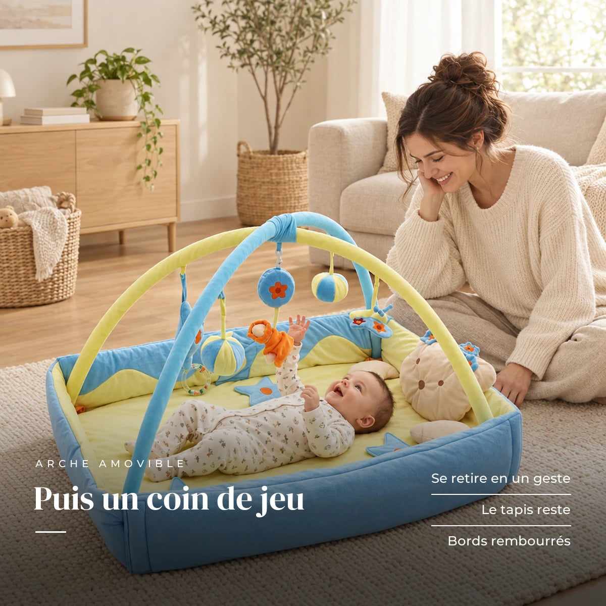 Un parent regarde son bébé jouer : Arche d'Éveil avec Tapis Rectangulaire
