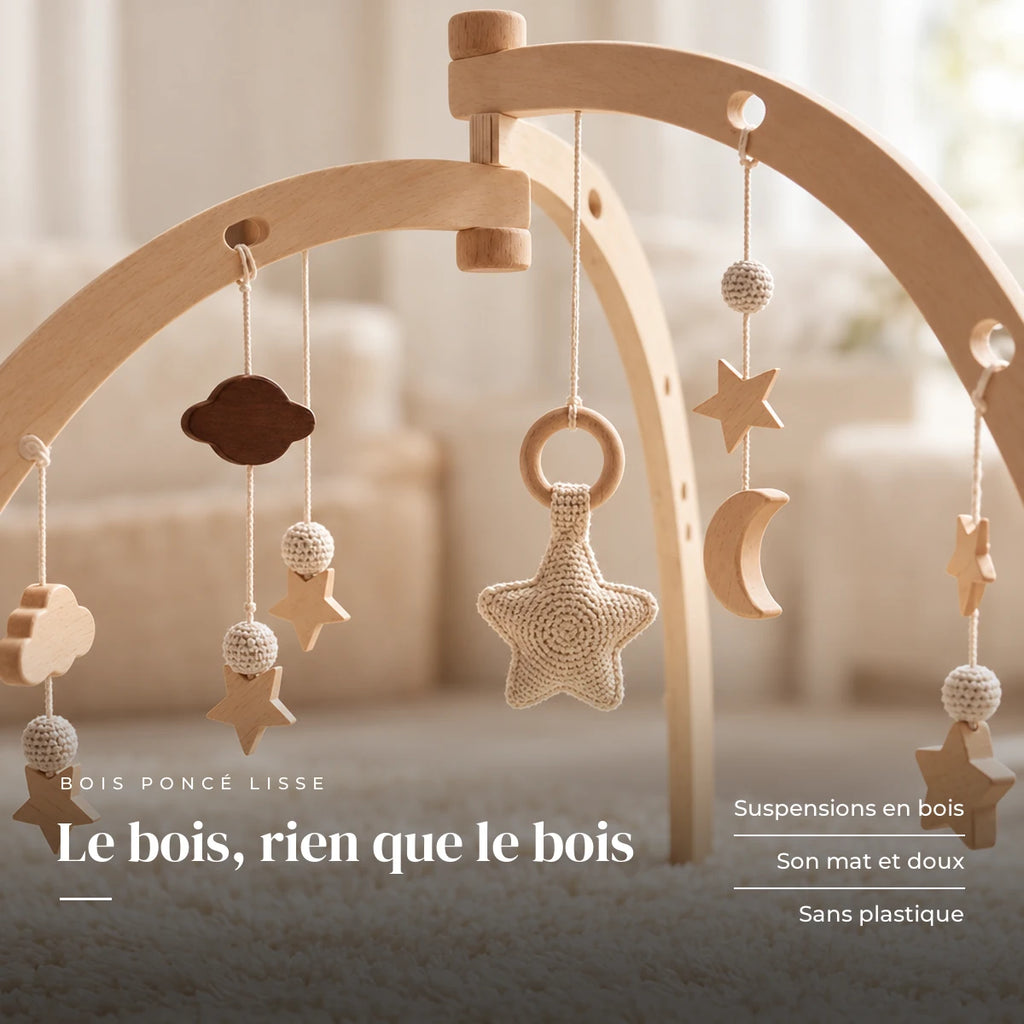 Gros plan sur les jouets suspendus : Arche d'Éveil Dôme en Bois