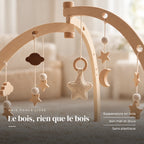 Gros plan sur les jouets suspendus : Arche d'Éveil Dôme en Bois