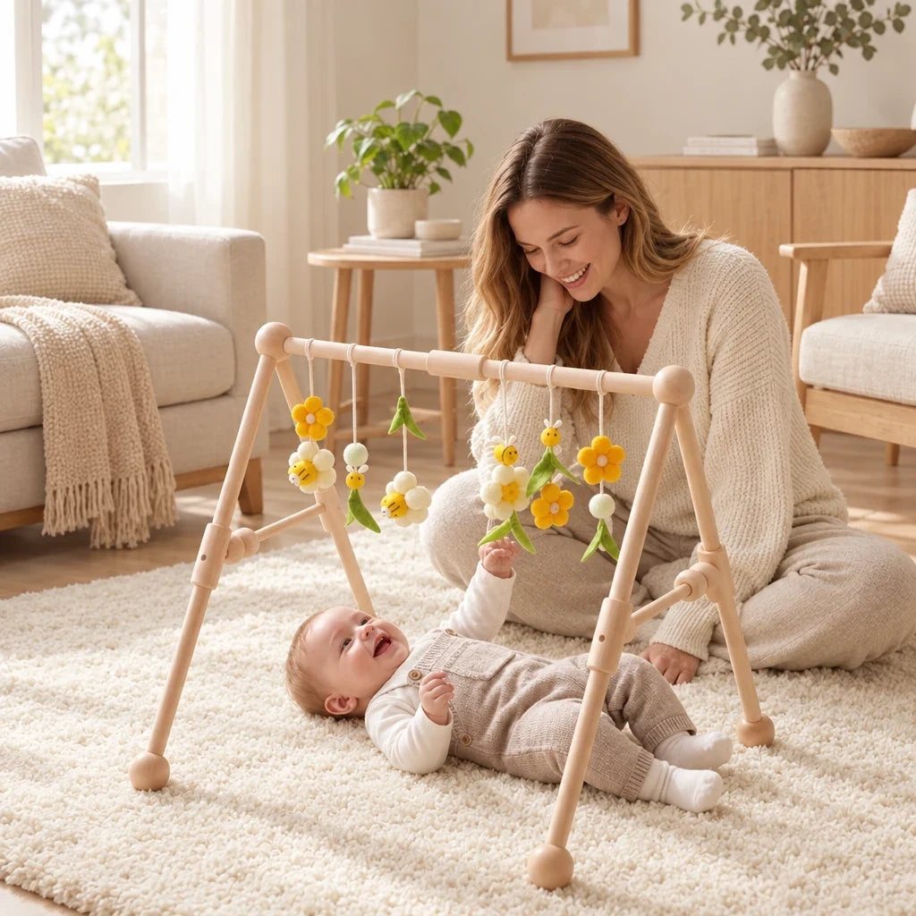 Maman et bébé sous l'arche d'éveil montessori en bois clair et ses suspensions