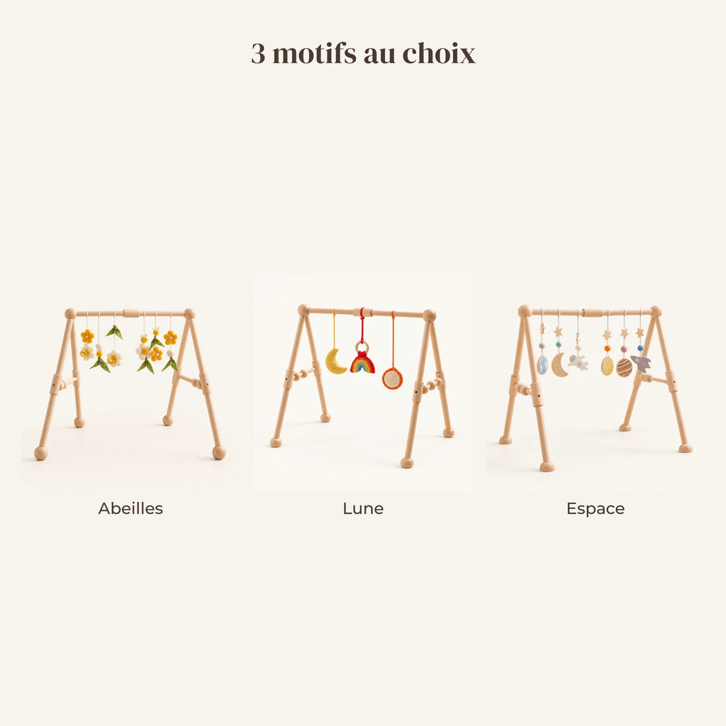 Arche d'éveil en bois clair : les 3 motifs disponibles, abeilles, lune, espace