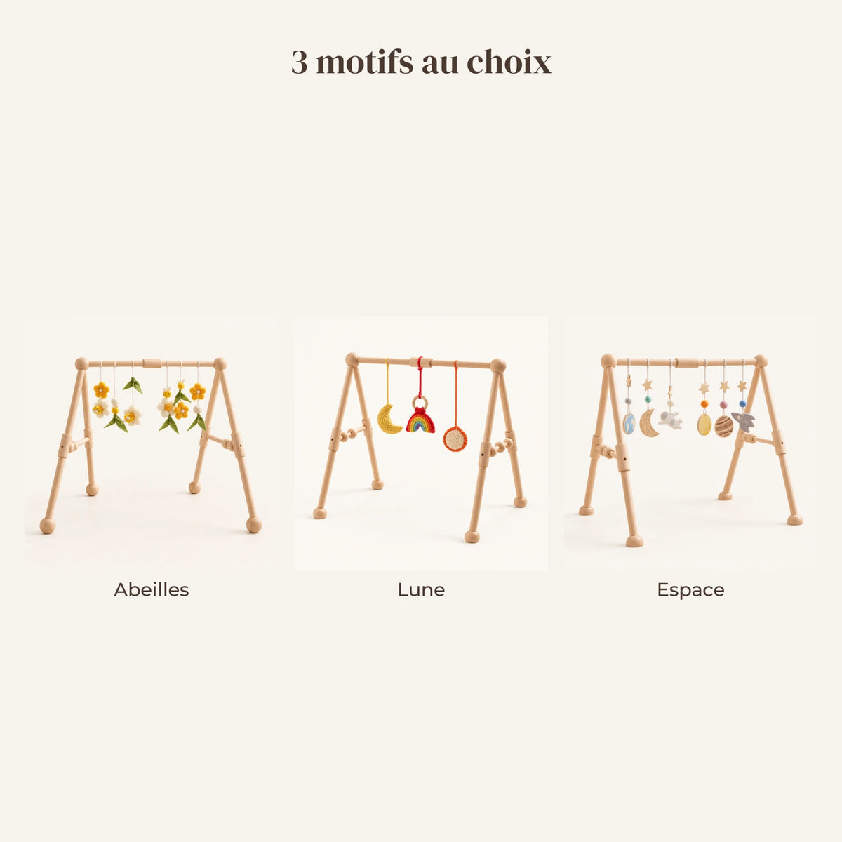Arche d'éveil en bois clair : les 3 motifs disponibles, abeilles, lune, espace