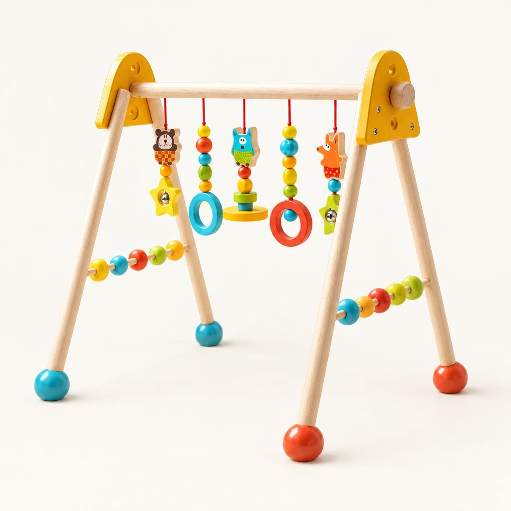 Arche d'éveil en bois - Jouets Colorés sur fond clair, vue d’ensemble