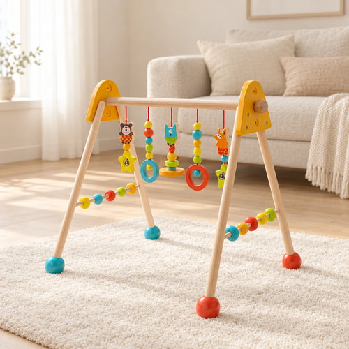 Arche d'éveil en bois - Jouets Colorés dans un salon lumineux, sur un tapis crème