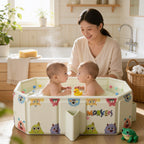 Baignoire bébé pliable grand format Lagon en situation dans la salle de bain, motif Monstres
