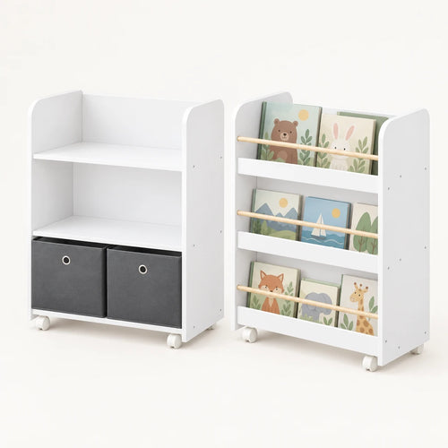 Bibliothèque enfant 2-en-1 à roulettes sur fond clair