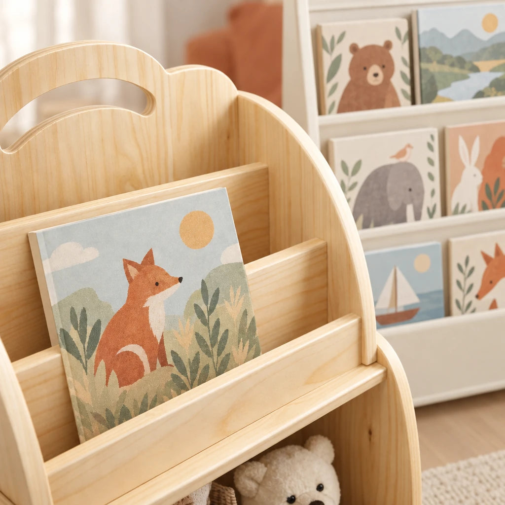 Détail du bois et des finitions de la bibliothèque enfant 3-en-1 en bois