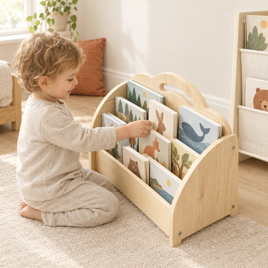 Enfant de 3 ans qui choisit seul un livre dans la bibliothèque enfant 3-en-1 en bois