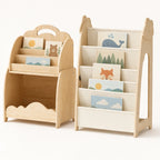 Bibliothèque enfant 3-en-1 en bois sur fond clair