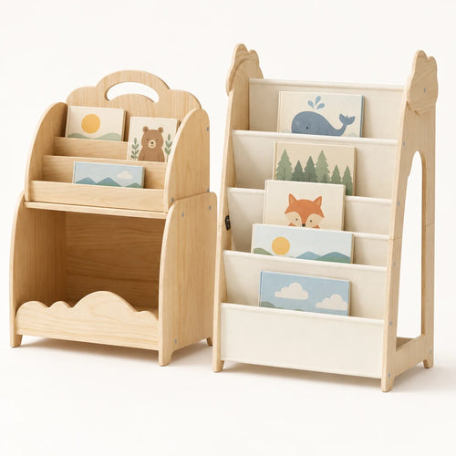 Bibliothèque enfant 3-en-1 en bois sur fond clair
