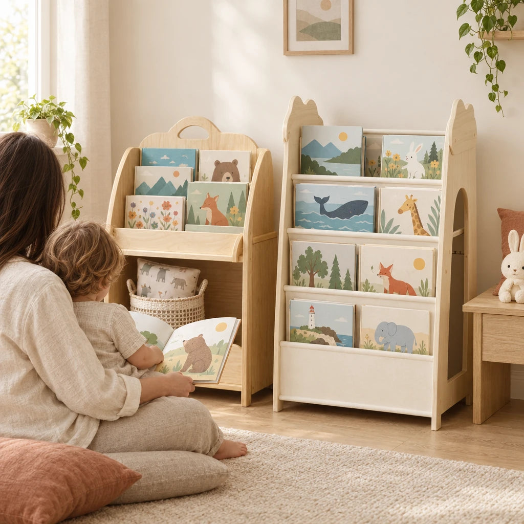 Parent et enfant qui lisent un album à côté de la bibliothèque enfant 3-en-1 en bois