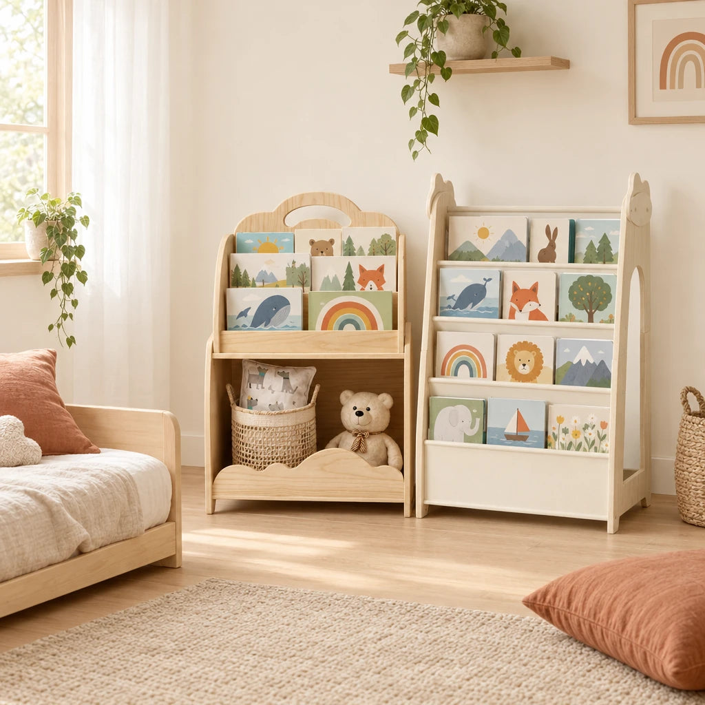 Vue d’ensemble d’une chambre Montessori avec la bibliothèque enfant 3-en-1 en bois