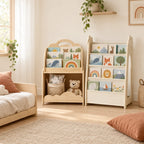 Vue d’ensemble d’une chambre Montessori avec la bibliothèque enfant 3-en-1 en bois