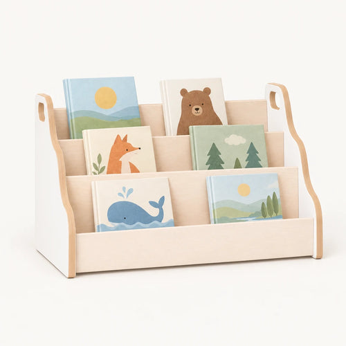 Bibliothèque enfant en bois naturel sur fond clair
