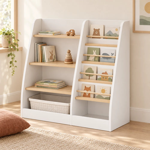Bibliothèque enfant en bois dans une chambre d’enfant claire
