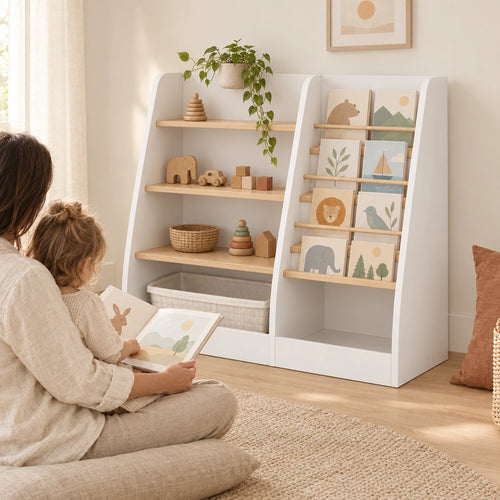 Parent et enfant qui lisent un album à côté de la bibliothèque enfant en bois