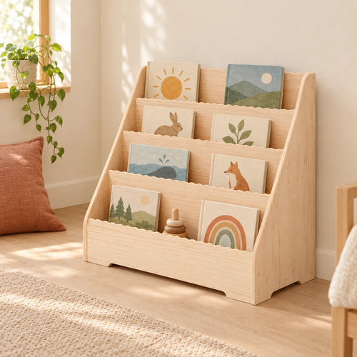 Bibliothèque enfant montessori en bois brut dans une chambre d’enfant claire