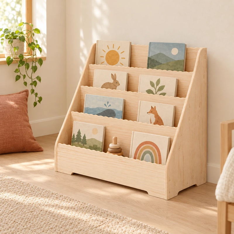 Bibliothèque Montessori : bois brut, découpes en vagues