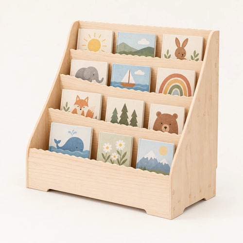 Bibliothèque enfant montessori en bois brut sur fond clair