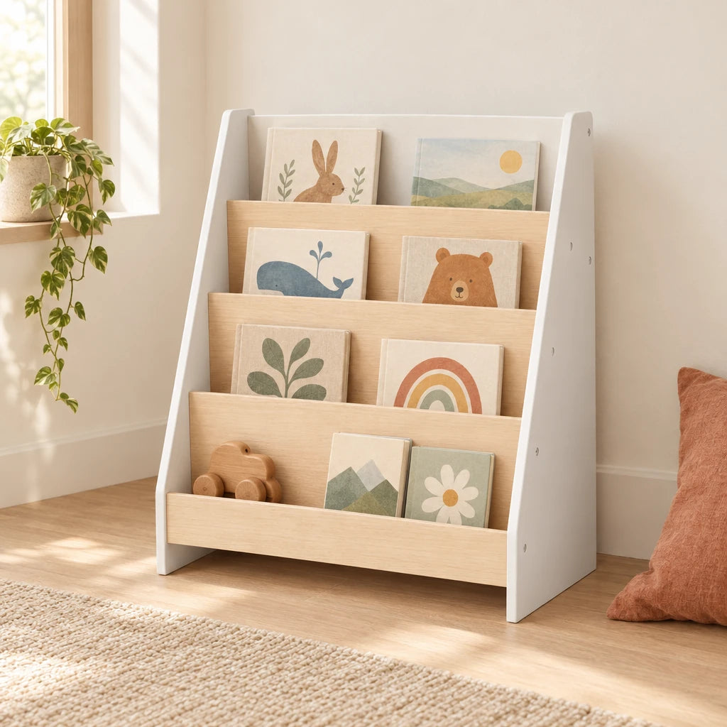 Bibliothèque enfant montessori dans une chambre d’enfant claire