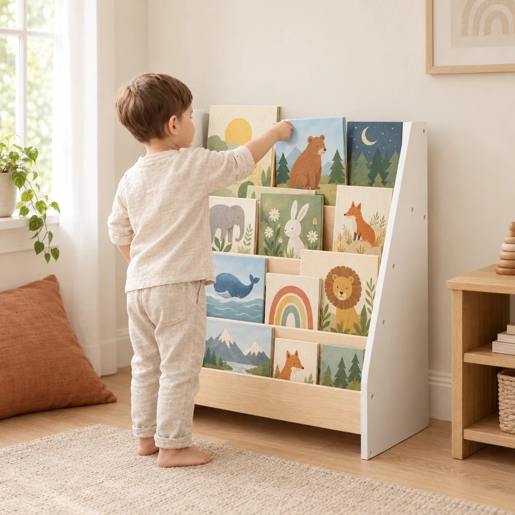 Enfant de 3 ans qui choisit seul un livre dans la bibliothèque enfant montessori
