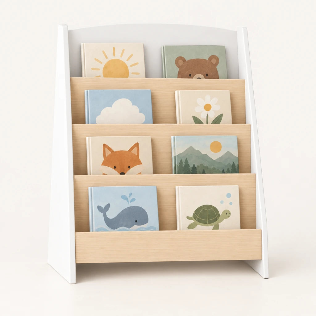 Bibliothèque enfant montessori sur fond clair