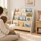 Parent et enfant qui lisent un album à côté de la bibliothèque enfant montessori