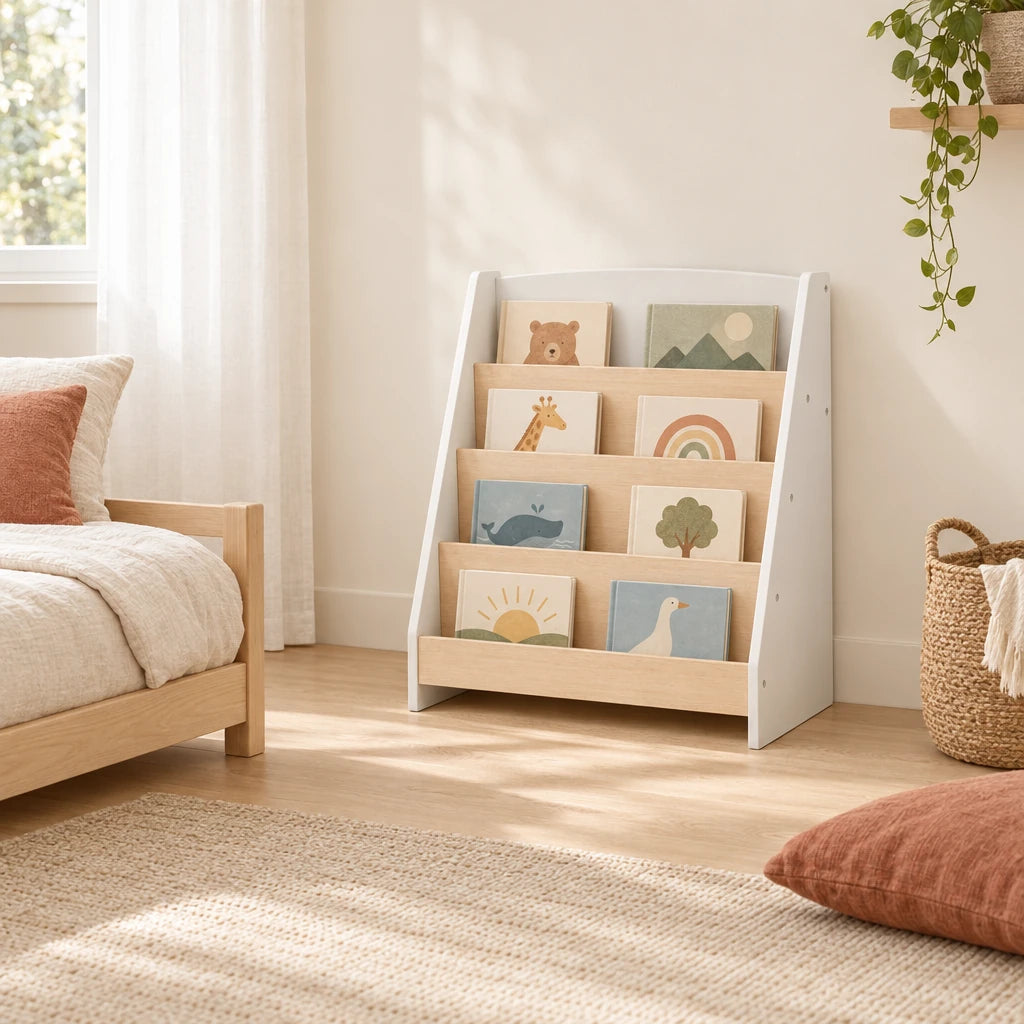 Vue d’ensemble d’une chambre Montessori avec la bibliothèque enfant montessori