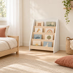 Vue d’ensemble d’une chambre Montessori avec la bibliothèque enfant montessori