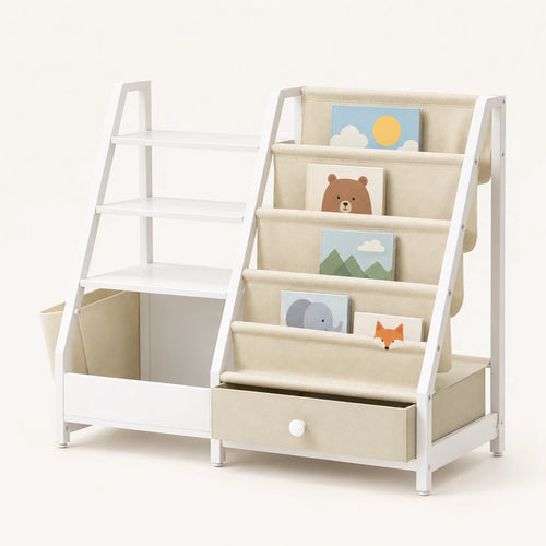 Bibliothèque enfant multi-rangement sur fond clair