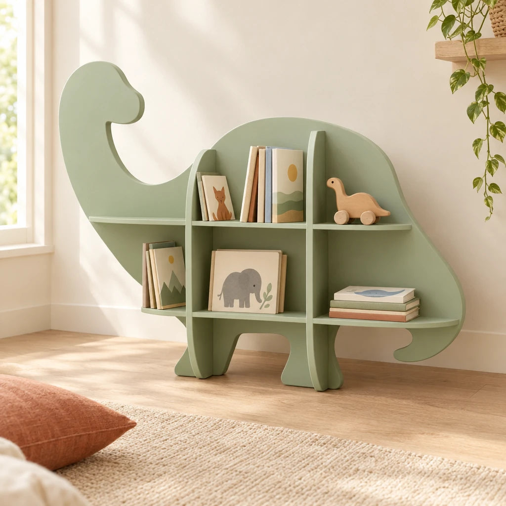 Bibliothèque enfant murale dinosaure dans une chambre d’enfant claire