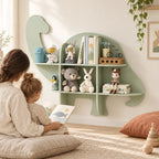 Parent et enfant qui lisent un album à côté de la bibliothèque enfant murale dinosaure
