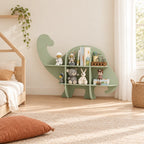 Vue d’ensemble d’une chambre Montessori avec la bibliothèque enfant murale dinosaure
